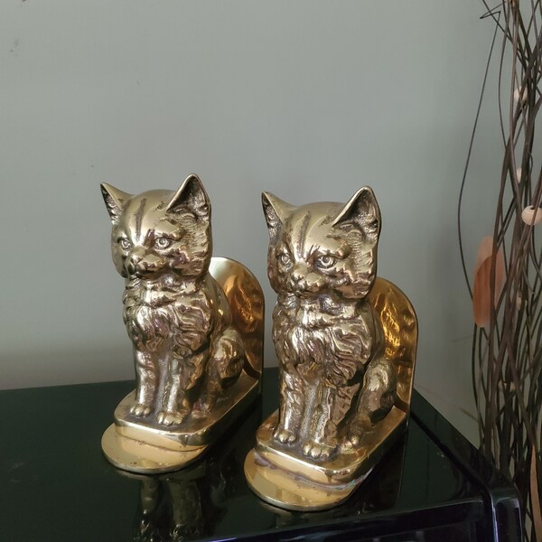 Vintage Solid Brass England Cat Bookends