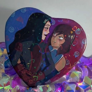 Korra and Asami Heart Holographic Button | Korrasami