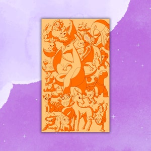 Puede incluir: Una ilustración digital de varios personajes de dibujos animados naranjas, incluyendo un gran personaje parecido a un dragón en el centro. Los personajes están sobre un fondo naranja claro.