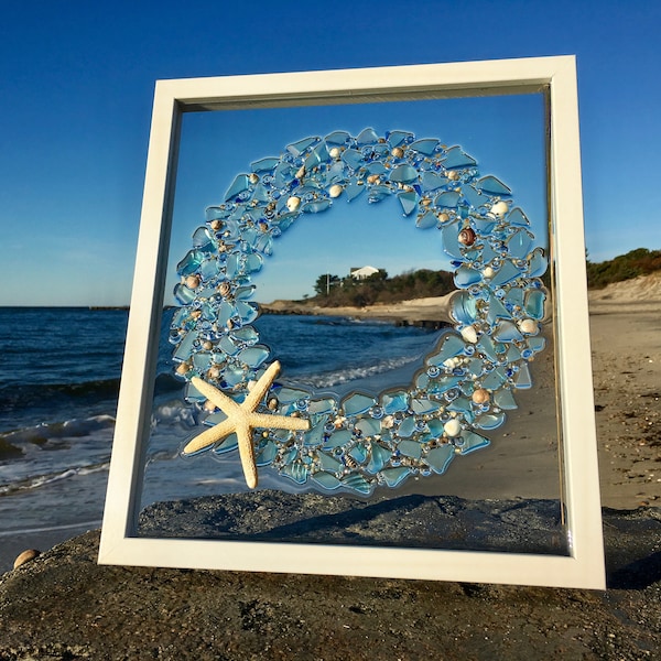 Sea Glass Wreath, Sea Glass Art, Beach Decor,  15" x 13"