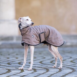 May include: A light brown dog coat with a high collar and black trim, featuring a small circular logo on the side. The garment is designed with a wrap-around style, secured with a strap, and covers the back and chest of the dog wearing it.