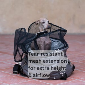 May include: A grey pet carrier with a black mesh top extension, featuring the text Tear-resistant mesh extension for extra height & airflow. A small, light brown dog is sitting inside the carrier, which has black straps and metal hardware.