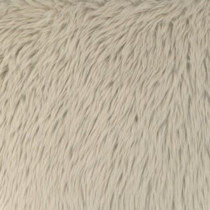 May include: Close-up of a light beige faux fur fabric. The fur has long, soft, and wavy fibers, creating a textured surface. The color is a neutral, warm tone, suitable for various home decor or craft projects.