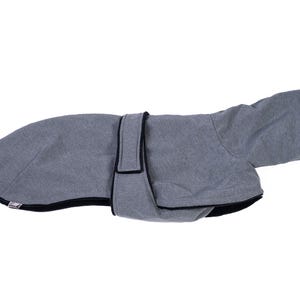 May include: A grey pet coat featuring a hood and a central strap with a hook-and-loop closure. The garment is constructed from a heathered grey fabric with black trim along the edges, providing a structured fit for an animal's torso and head.