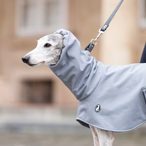 Può includere: Un cappotto per cani grigio con cappuccio a collo alto e una piccola toppa con logo circolare sul lato. Il cappotto presenta una struttura in tessuto liscio a tinta unita con una chiusura a cinturino visibile sul fianco per un cane snello.
