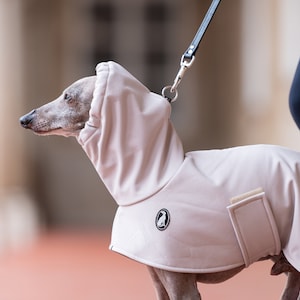Può includere: Un cappotto per cani color beige chiaro con cappuccio, caratterizzato da una piccola toppa circolare con logo nero sul lato e da una chiusura rettangolare in velcro. Il cappotto è indossato da un cane di piccola taglia dal pelo grigio con guinzaglio.