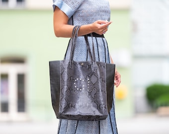 Black Snake Leather Tote Bag