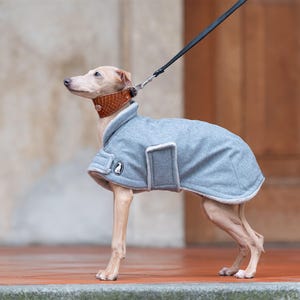 May include: A light gray dog coat with a soft white fleece lining, featuring a structured collar, a side closure with a rectangular flap, and a small circular logo patch on the side. The coat is worn by a slender dog with a brown textured collar and leash.