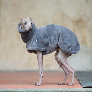 Könnte beinhalten: Ein grauer Hundemantel mit einem hohen, dicken Kragen und einer weichen, plüschigen Textur. Das Kleidungsstück verfügt über ein kleines, kreisförmiges Emblem an der Seite und bedeckt den Rumpf und Hals eines schlanken Hundes mit hellbraunem Fell.