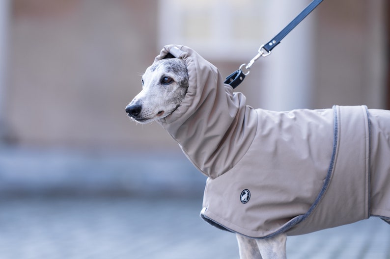 Custom Fit Greyhound Jacket Sighthound Winter Coat Specialized Dog Apparel Waterproof Soft Shell Fabric Warm Fleece Interior Lining Complete Cold Protection Outdoor Walking Comfort High Collar Design Leash Opening Access Reflective Safety