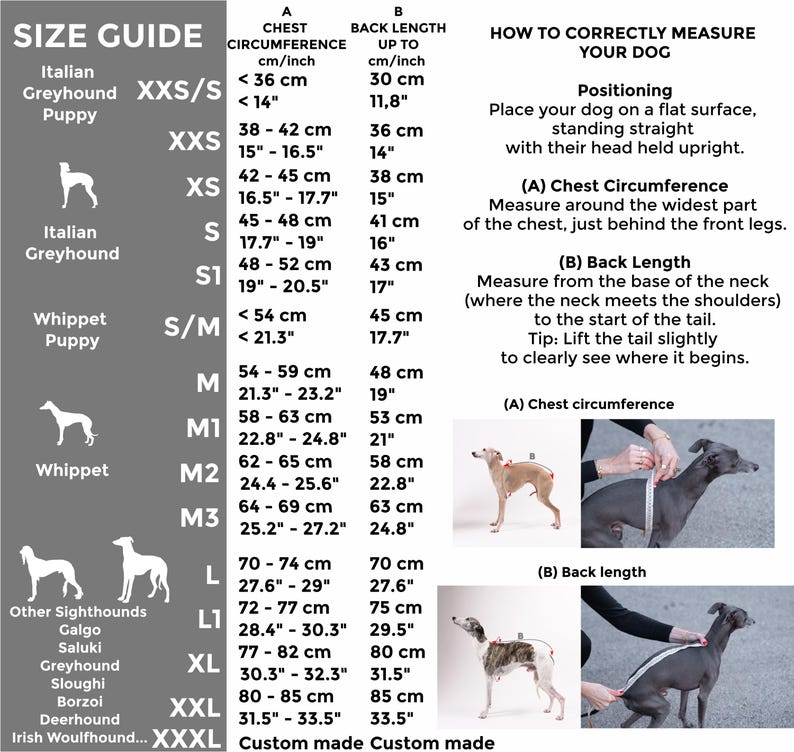 May include: A size guide chart for dogs featuring a table with chest circumference and back length measurements in cm and inches. It includes breed categories like Italian Greyhound and Whippet, plus instructional photos for measuring a dog.
