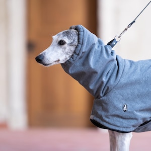 May include: A grey dog coat with a high neck hood and a small circular logo patch on the side. The garment is made of a smooth, solid-colored fabric and features a black leash attachment point at the collar area, worn by a grey and white dog.