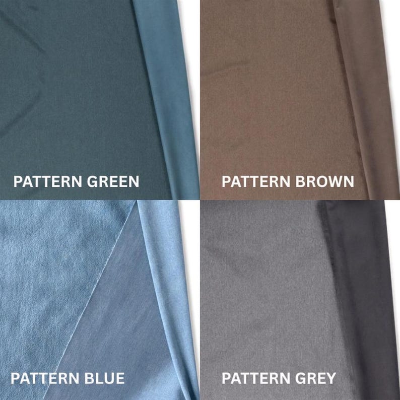 May include: A four-panel grid showing fabric swatches in solid colors. Top left is labeled PATTERN GREEN, top right is PATTERN BROWN, bottom left is PATTERN BLUE, and bottom right is PATTERN GREY. Each section displays a folded textile texture.