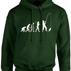 May include: A dark green hooded sweatshirt with a white graphic of the evolution of man ending with a man fishing. The graphic shows a stick figure of a man holding a fishing rod and a fish.