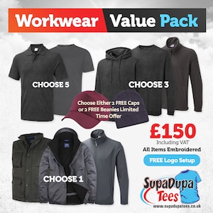 May include: Workwear Value Pack featuring a selection of 5 polo shirts, 3 sweatshirts, 1 jacket, 2 caps, and 2 beanies. All items are embroidered with a free logo setup. The price is £150 including VAT.