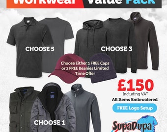 9 Piece Embroidered Workwear Pack With Company Name or Company Logo Polos Hoodies Jackets & More Personalised Printing Embroidery 12 Colours