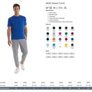 May include: A size chart for a classic t-shirt, showing chest measurements in inches and centimeters. The chart includes sizes from XS to 6XL.