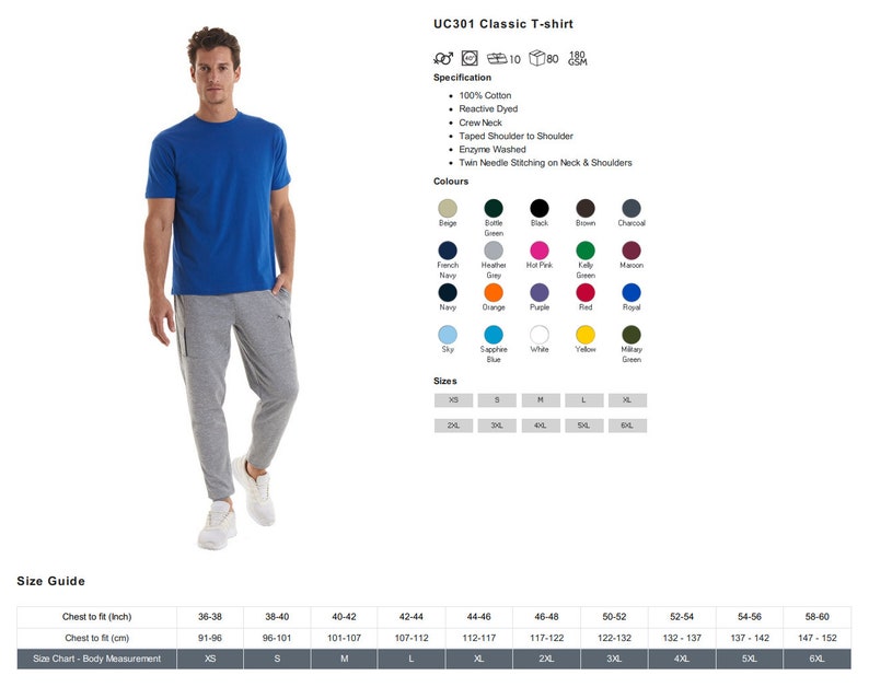 May include: A size chart for a classic t-shirt, showing chest measurements in inches and centimeters. The chart includes sizes from XS to 6XL.