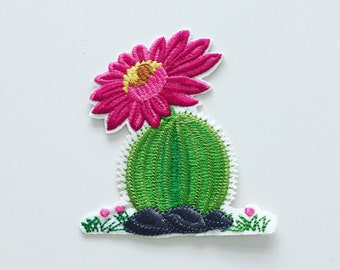 Cactus Bloom Iron-On Patch: Pink Flower Embroidered Applique