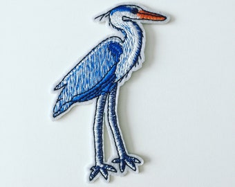 Heron Sew-On Patch, Blue Bird Patch, Blue Egret Badge, Egret Patch, Heron Embroidered Applique, Bird Motif Patch, Bird Lover Gift