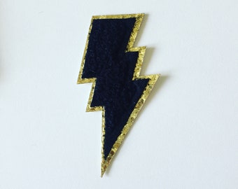 Thunderbolt Chenille Iron-On Patch: Gold Sparkle Lightning Bolt
