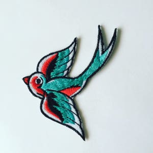 Swallow Iron-On Patch, Rockabilly Bird Patch, DIY Embroidery, Embroidered Applique, Decorative Patch, Bird Lover Gift, Rockabilly Gift image 2