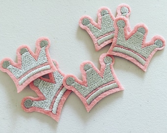 Princess Crown Iron-On Patch: Pink & Silver Embroidered Applique