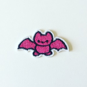 Pink Bat Iron-On Patch, Tiny Bat Badge, Funny Animal Badge, Decorative Patch, DIY Embroidery, Embroidered Applique, Bat Gift