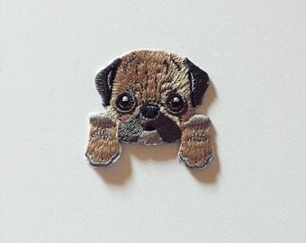 Pug Face Iron-On Patch: Embroidered Dog Applique (40x28mm)