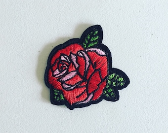 Rockabilly Rose Iron-On Patch: Embroidered Flower Applique