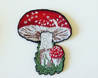 Red Mushroom Iron-On Patch, Whimsical Mushroom Badge, Woodland Badge, DIY Embroidery, Embroidered Applique, Embroidery Badge, Hippie Gift