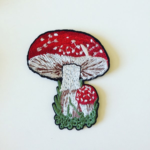 Red Mushroom Iron-On Patch, Whimsical Mushroom Badge, Woodland Badge, DIY Embroidery, Embroidered Applique, Embroidery Badge, Hippie Gift