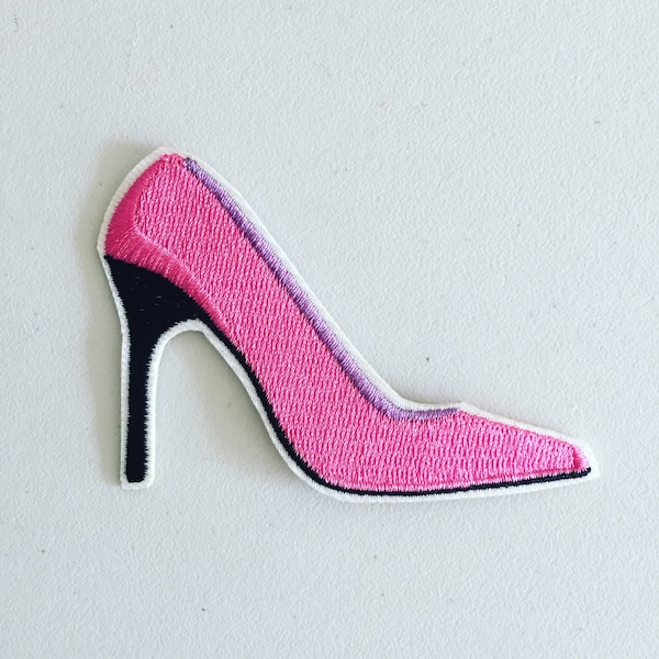 Pink High-Heel Shoe Iron-On Patch, Pink Stiletto Shoe Badge, Pink Girly Badge, DIY Embroidery, Embroidered Applique