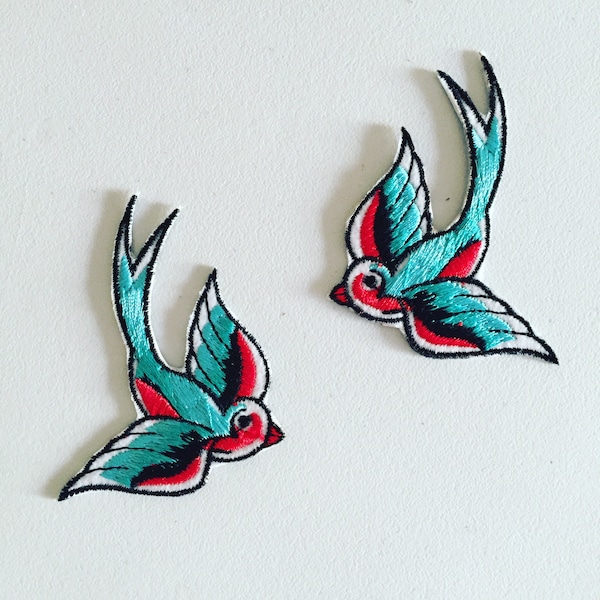 Swallow Iron-On Patch, Rockabilly Bird Patch, DIY Embroidery, Embroidered Applique, Decorative Patch, Bird Lover Gift, Rockabilly Gift