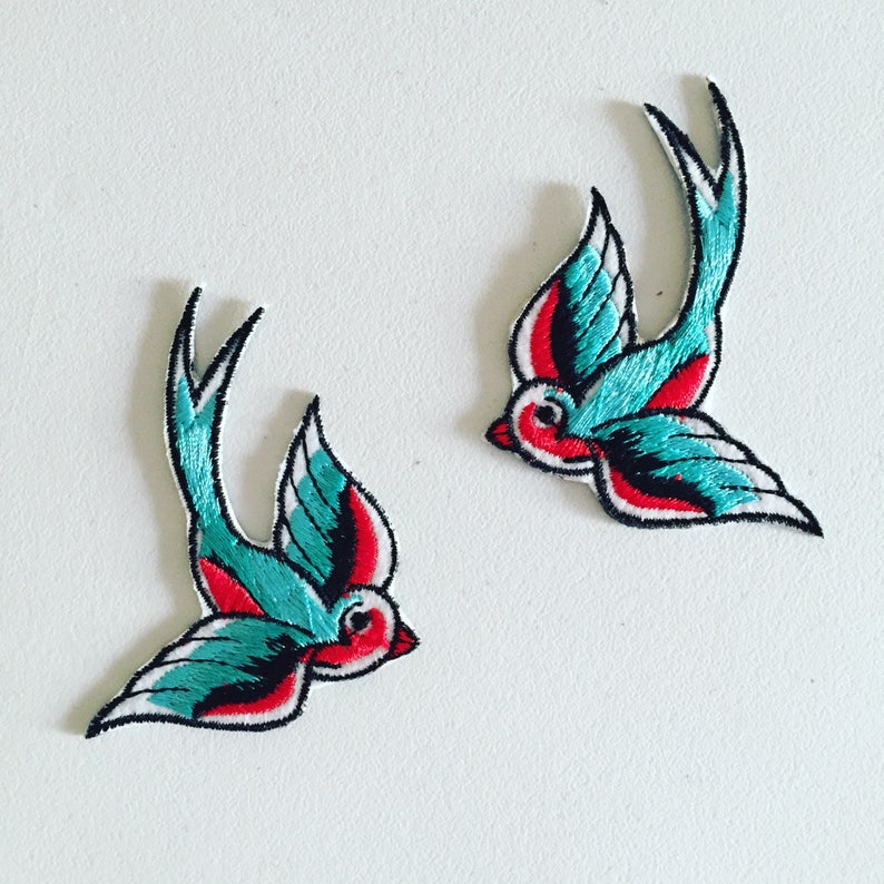 Swallow Iron-On Patch, Rockabilly Bird Patch, DIY Embroidery, Embroidered Applique, Decorative Patch, Bird Lover Gift, Rockabilly Gift image 1