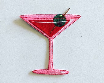 Parche termoadhesivo de Martini rosa, insignia de copa de cóctel de oliva, parche decorativo, bordado DIY, aplique bordado, regalo para amantes de Martini