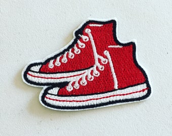 Red Sneakers Iron-On Patch, 90s Pop Culture Shoes Badge, Hipster Trainers / Runners Patch, Shoe Patch, DIY Embroidery, Embroidered Applique