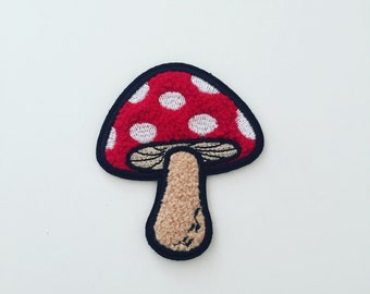 Chenille Mushroom Iron-On Patch, Red Mushroom Badge, Whimsical Woodland Patch, Embroidered Applique, Embroidery Badge, Hippie Gift