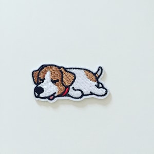 Puppy Sploot Iron-On Patch, Sleepy Doggie Badge, Jack Russell Dog Badge, Dog Animal Patch, Puppy Dog Embroidered Applique, Dog Lover Gift