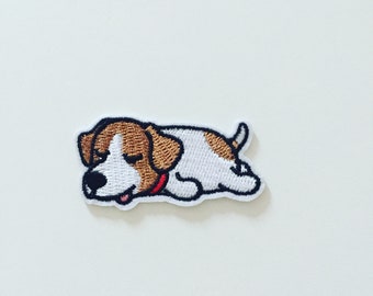 Puppy Sploot Iron-On Patch, Sleepy Doggie Badge, Jack Russell Dog Badge, Dog Animal Patch, Puppy Dog Embroidered Applique, Dog Lover Gift