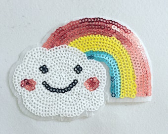 Rainbow Sequin Iron-On Patch: Happy Cloud Embroidered Applique (90x60mm)