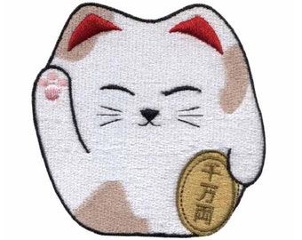 Maneki-neko Japanese Cat Iron-On Patch, Chinese Lucky Cat Badge, DIY Embroidery, Embroidered Applique, Japanese Applique Motif, Gift