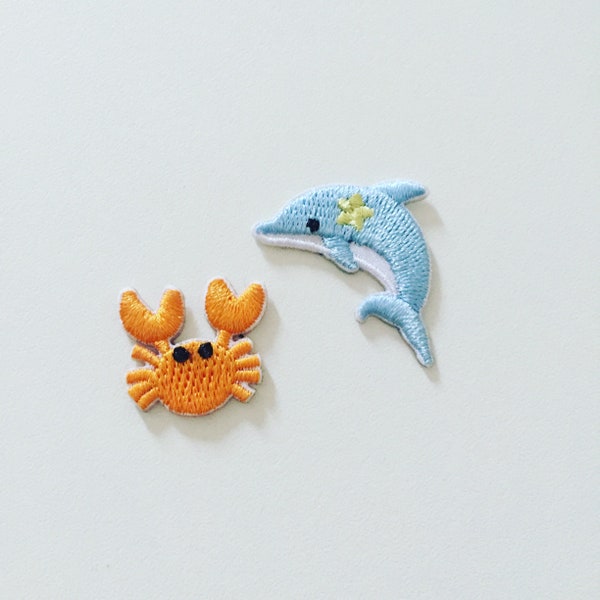 Tiny Crab / Dolphin Stick-On Patch, Sea Life Badge, Marine Animal Patch, Crab Badge, Dolphin Badge, Ocean Animal Embroidered Applique