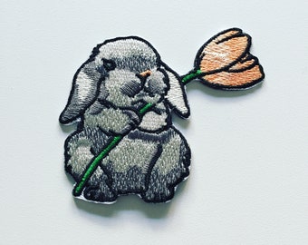 Gray Rabbit & Tulip Iron-On Patch, Bunny Flower Badge, Rabbit Animal Decorative Patch, DIY Embroidery, Embroidered Applique, Bunny Gift