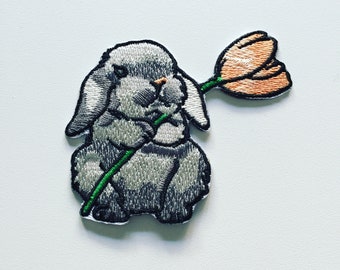 Gray Rabbit & Tulip Iron-On Patch: Embroidered Bunny Applique