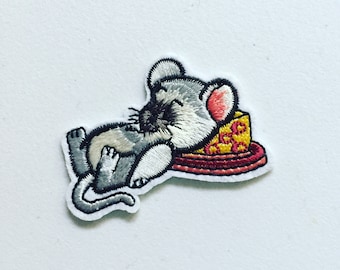 Cartoon Mouse Iron-On Patch: Sleeping on Cheese, Embroidered Applique