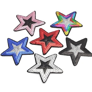 Sequin Star Iron-On Patch Set: DIY Embroidered Applique (75mm, Set of 6)