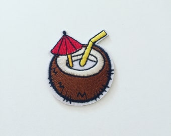 Coconut Water Stick-On Patch, Coconut Milk Cocktail Badge, Summer Drink Patch, DIY Embroidery, Exotic Embroidered Applique, Coconut Gift