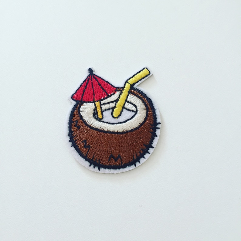 Coconut Water Stick-On Patch, Coconut Milk Cocktail Badge, Summer Drink Patch, DIY Embroidery, Exotic Embroidered Applique, Coconut Gift image 1