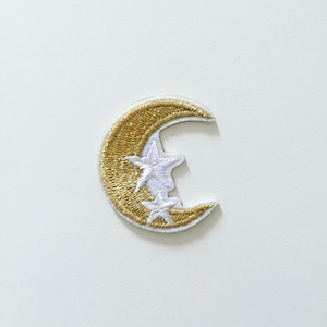 Golden Crescent Moon Stick-On Patch, Bling Crescent Moon Badge, Space Star Patch, Stars & Moon Embroidered Applique, Golden Moon Gift